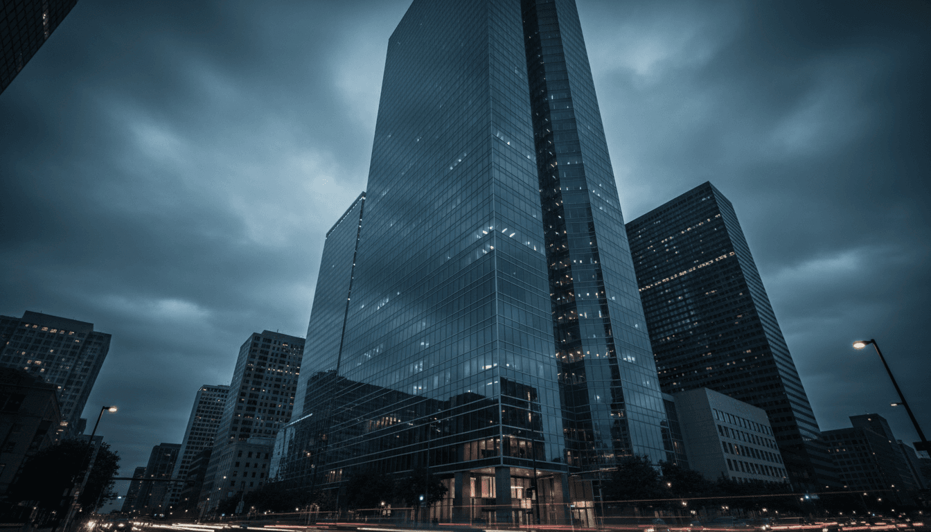 Modern glass office building against overcast sky in downtown Houston