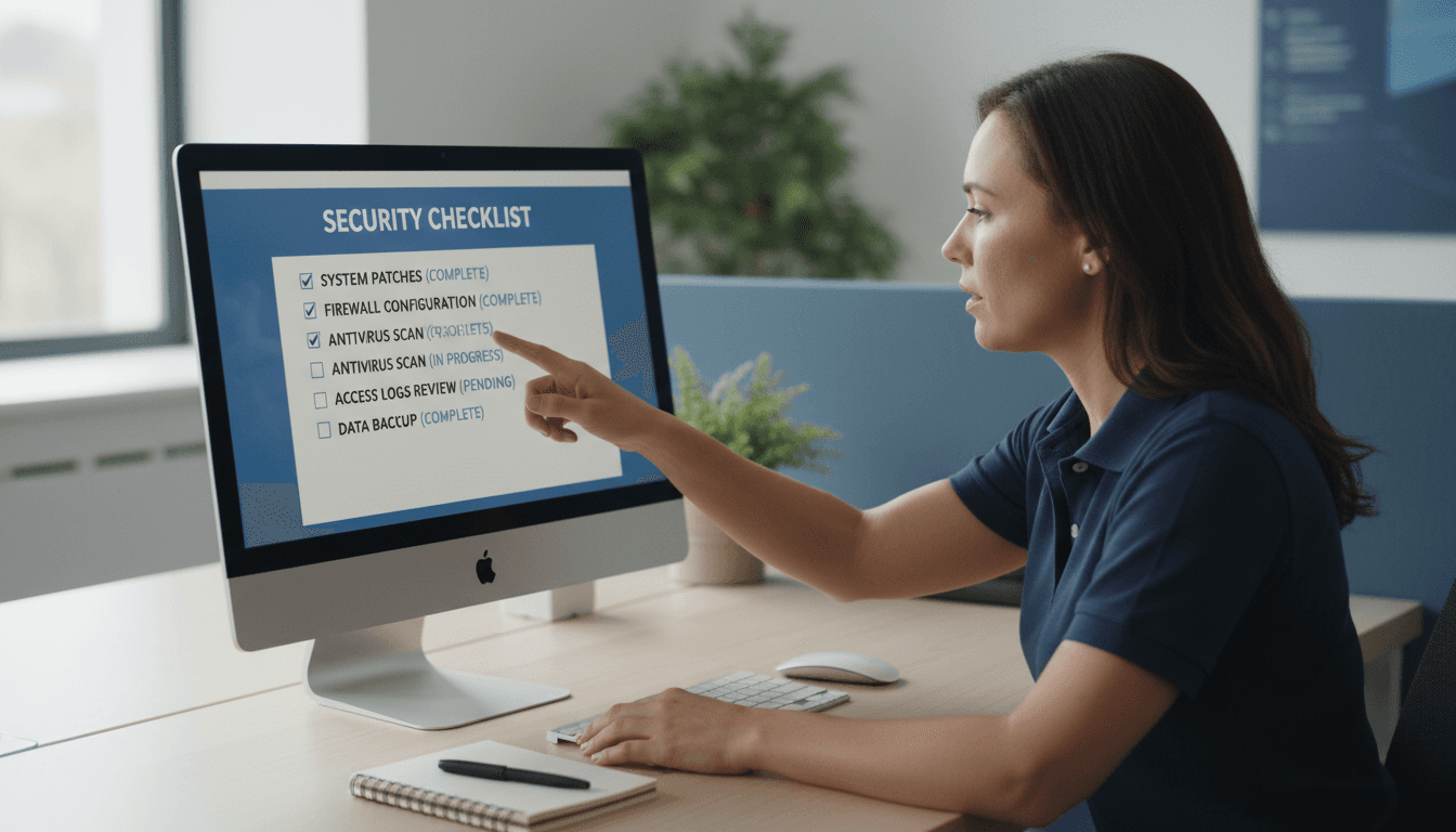 A documentary-style medium shot of a security professional gesturing at a desktop monitor showing a security checklist interface