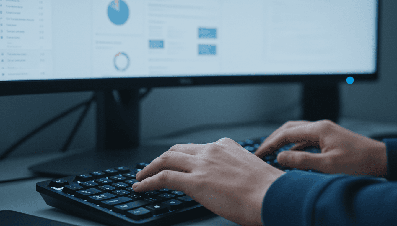 A clean, diagnostic-style close-up of a technician's hands typing on a keyboard, with a monitor showing Microsoft 365 admin panel