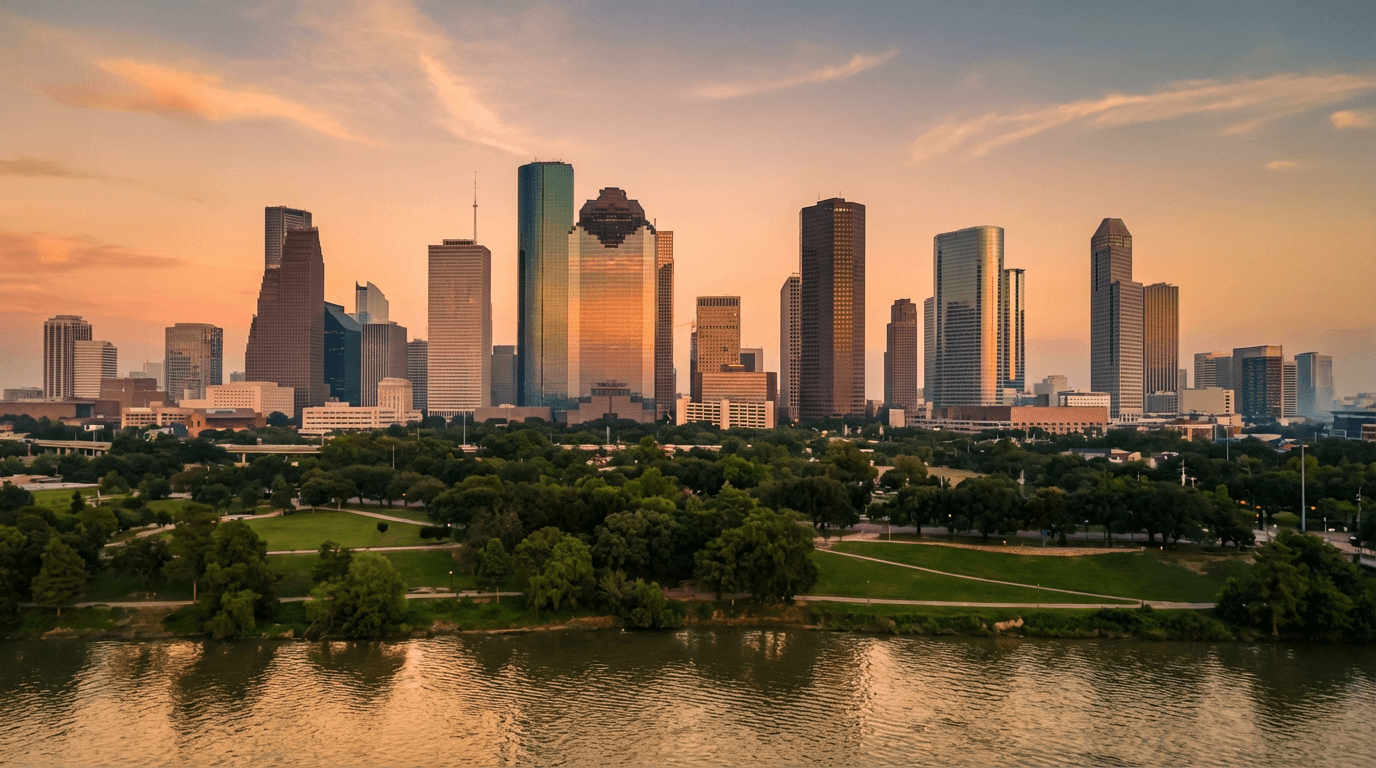 Houston skyline with small business storefront at dusk