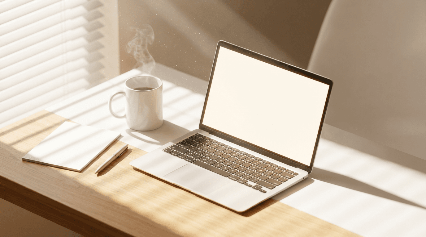 A warm flat lay style overhead shot of a desk with a laptop showing an open email management interface on the screen