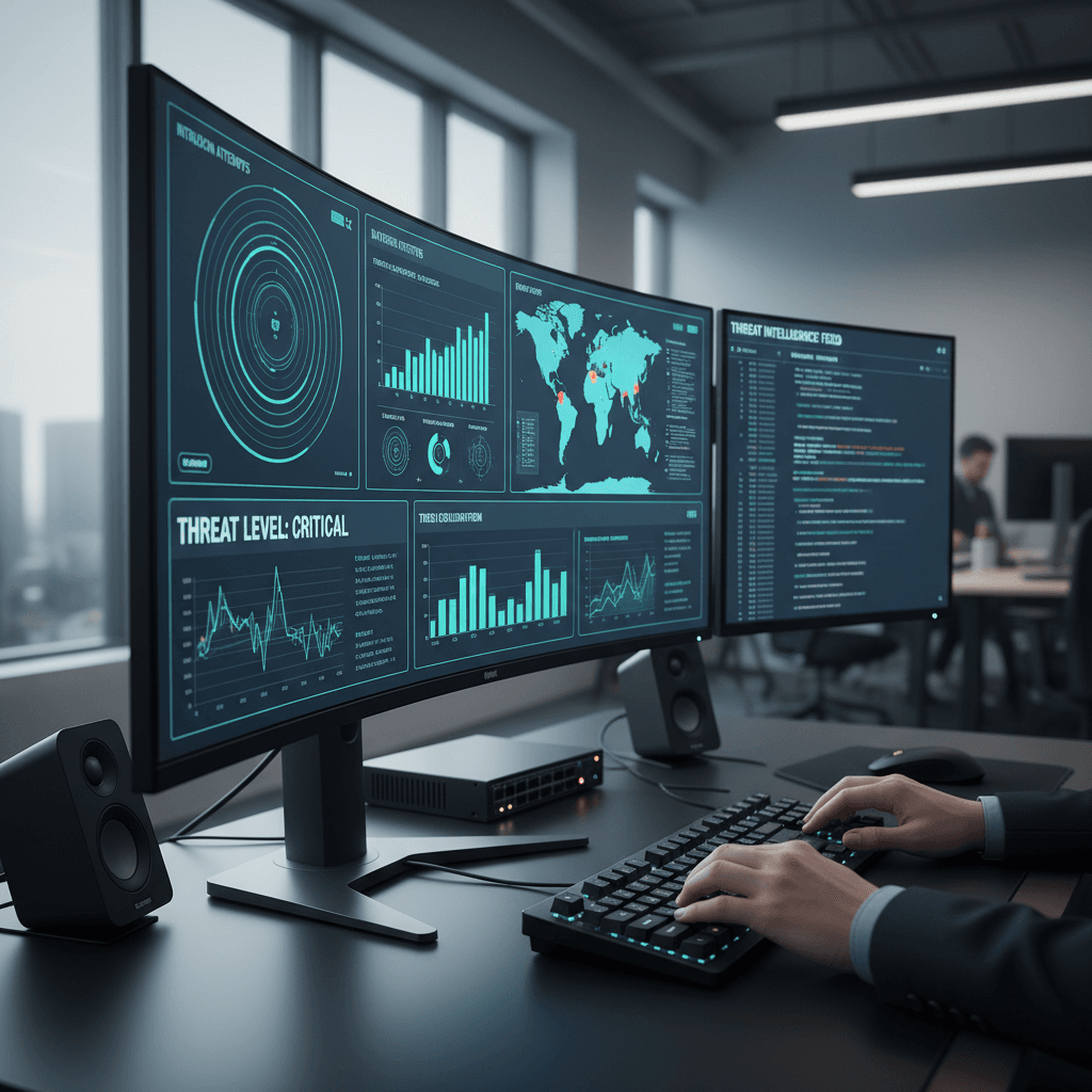 Computer monitor showing cybersecurity threat alerts with a digital lock symbol