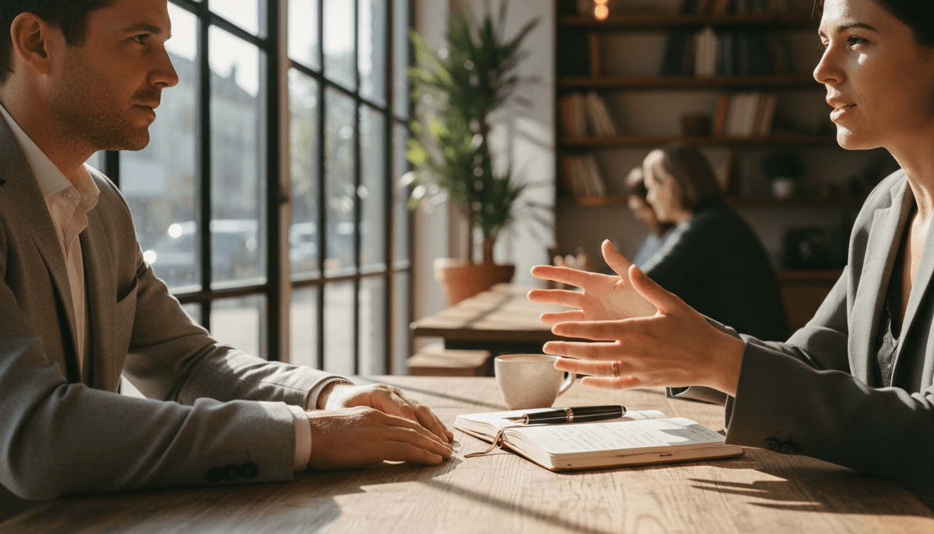 A candid lifestyle style medium shot of two people sitting at a small conference table