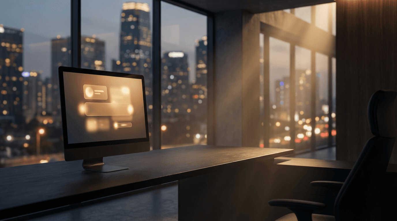 Dark office interior with computer monitors glowing