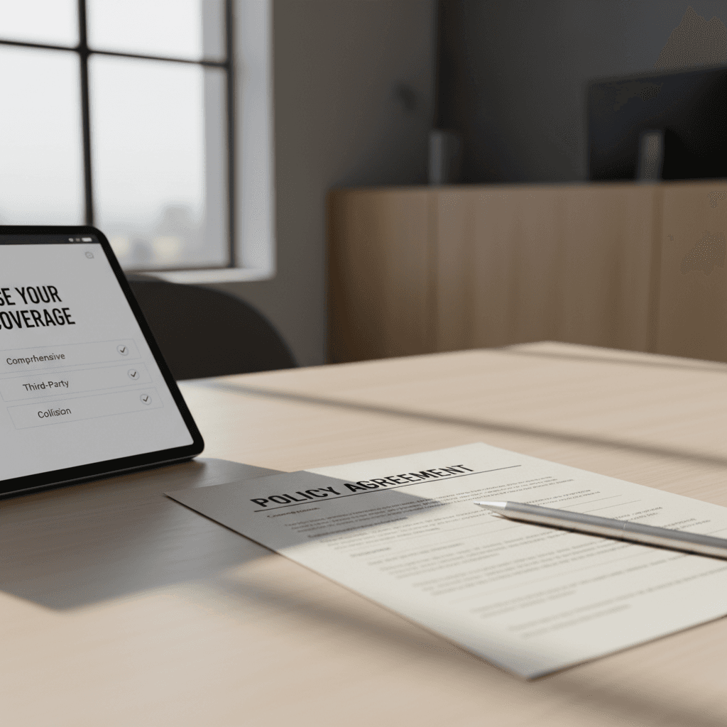 Insurance policy document on a desk with a laptop showing a compliance checklist