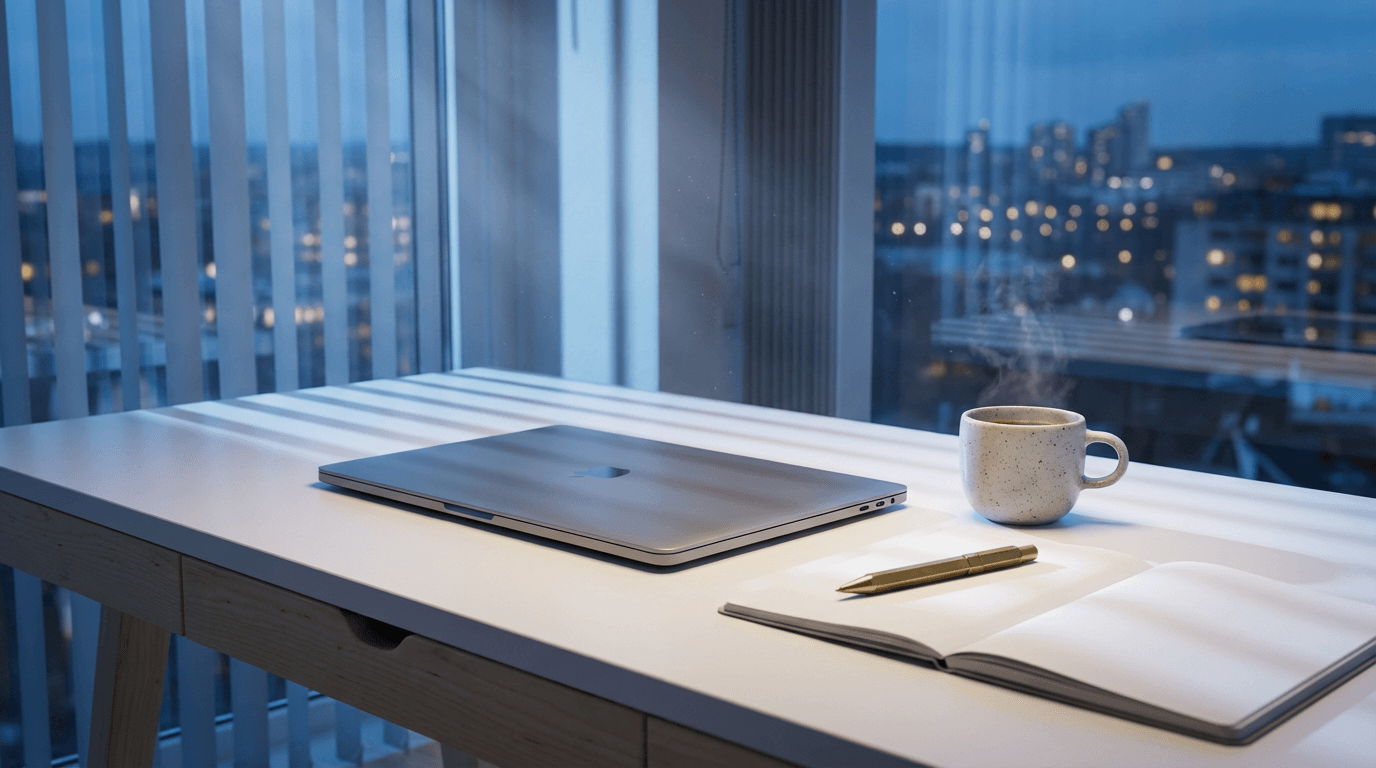 Office desk with phone and laptop in low light