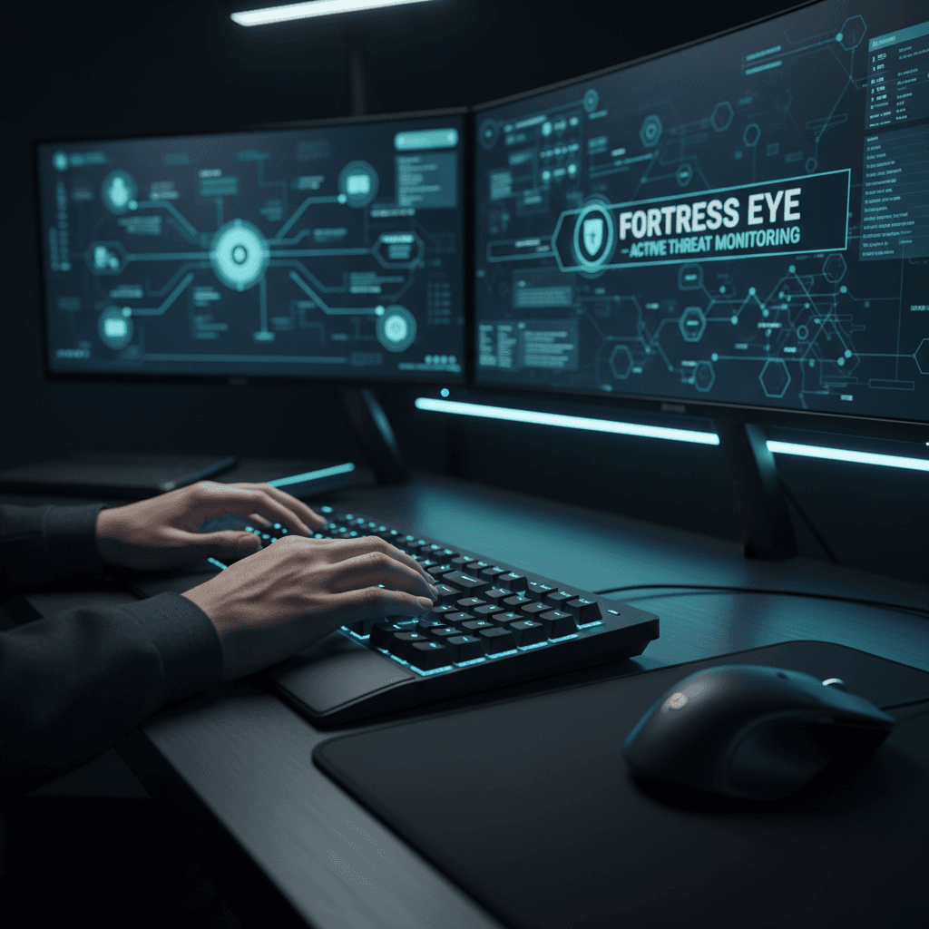 Cybersecurity workspace with phone and computer showing security alert