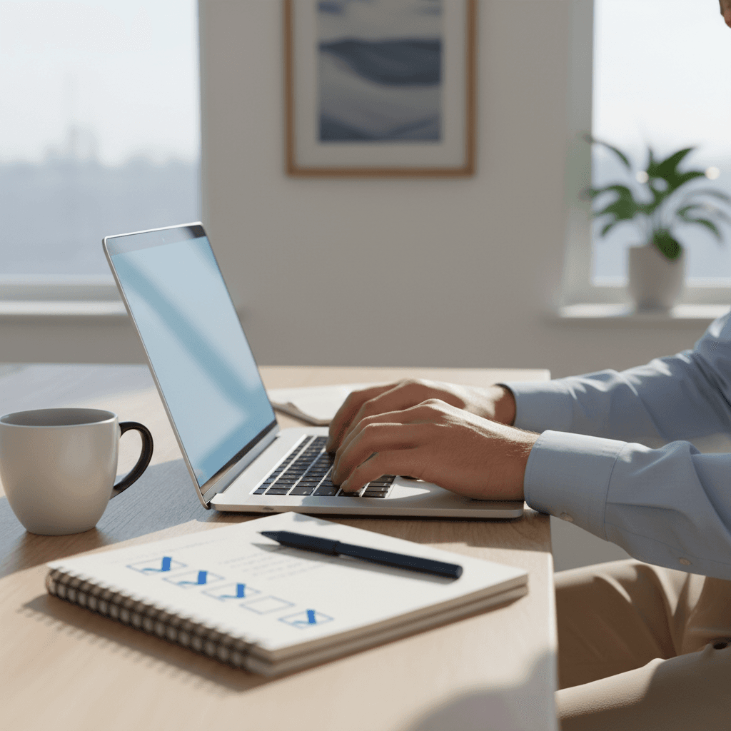 Hands typing on a laptop with an email security warning visible on screen