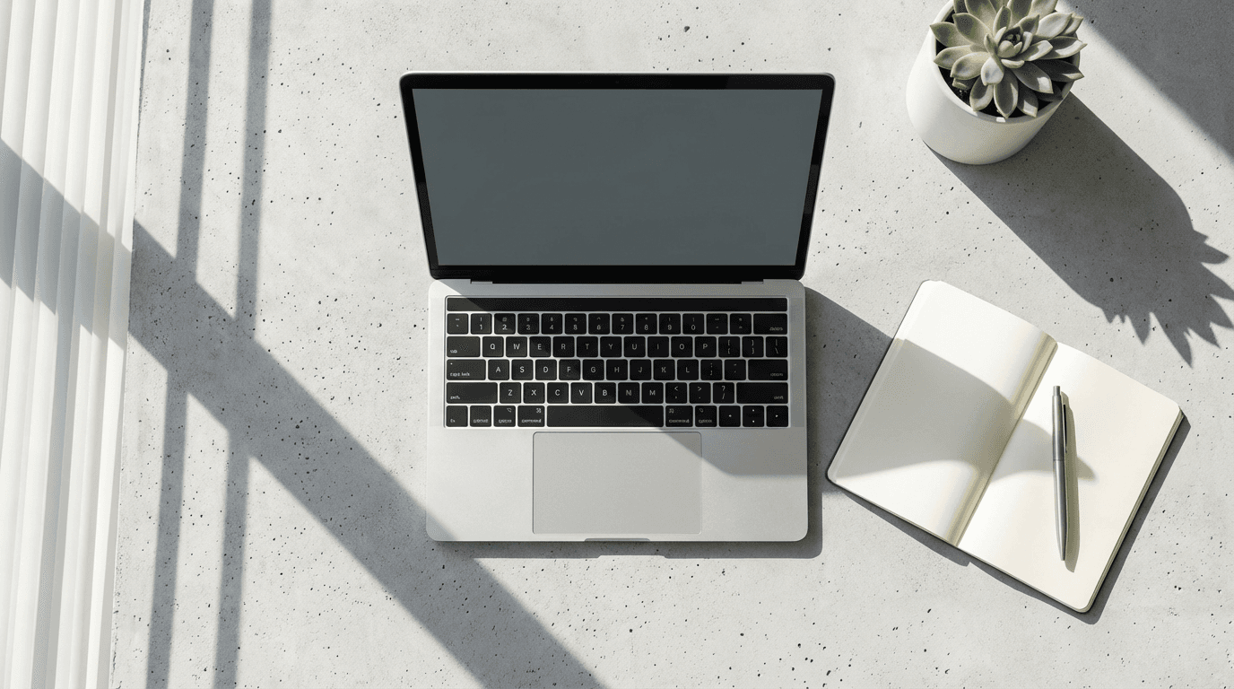 A calm desk setup with a laptop and notepad in a sunlit Houston office