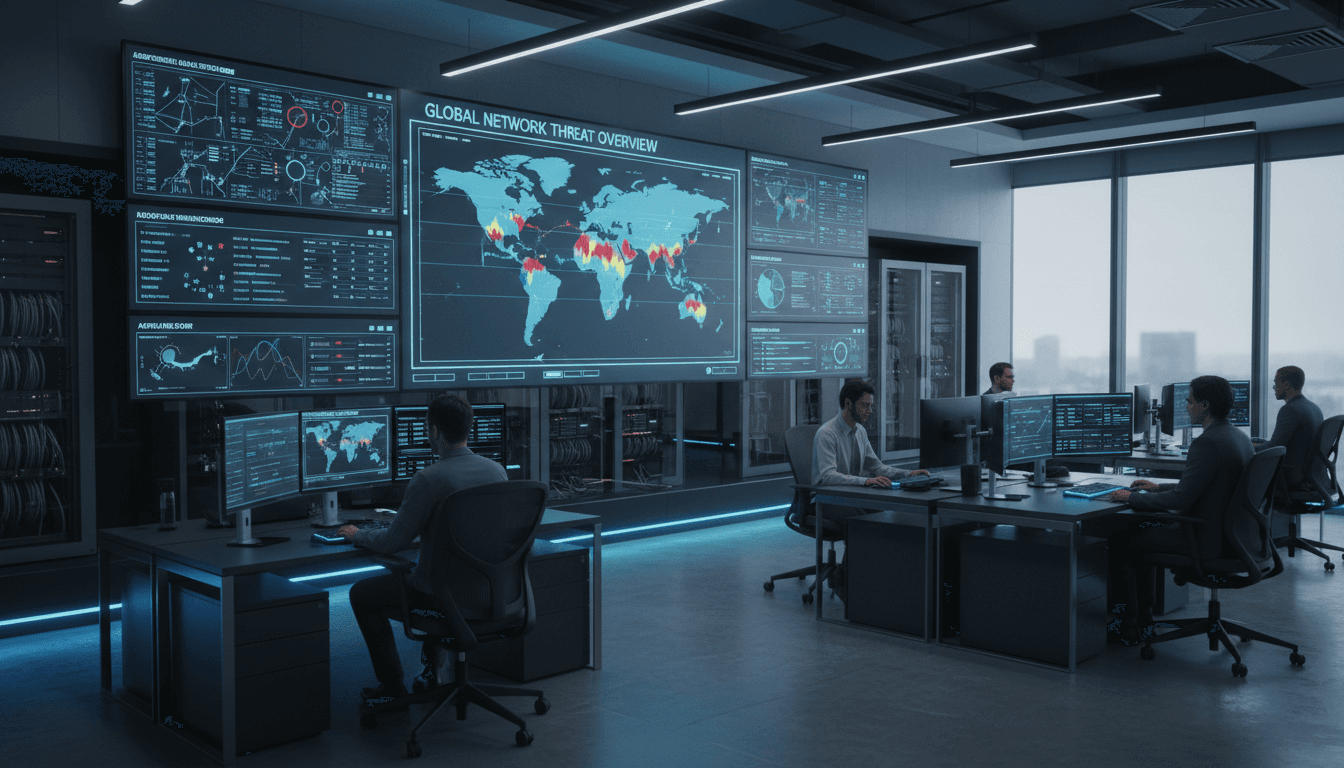 A modern cybersecurity monitoring room with multiple screens displaying data visualizations in blue and dark gray tones.