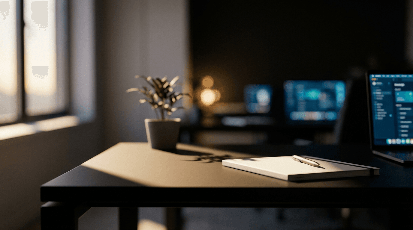 Nighttime office desk with monitor glowing blue