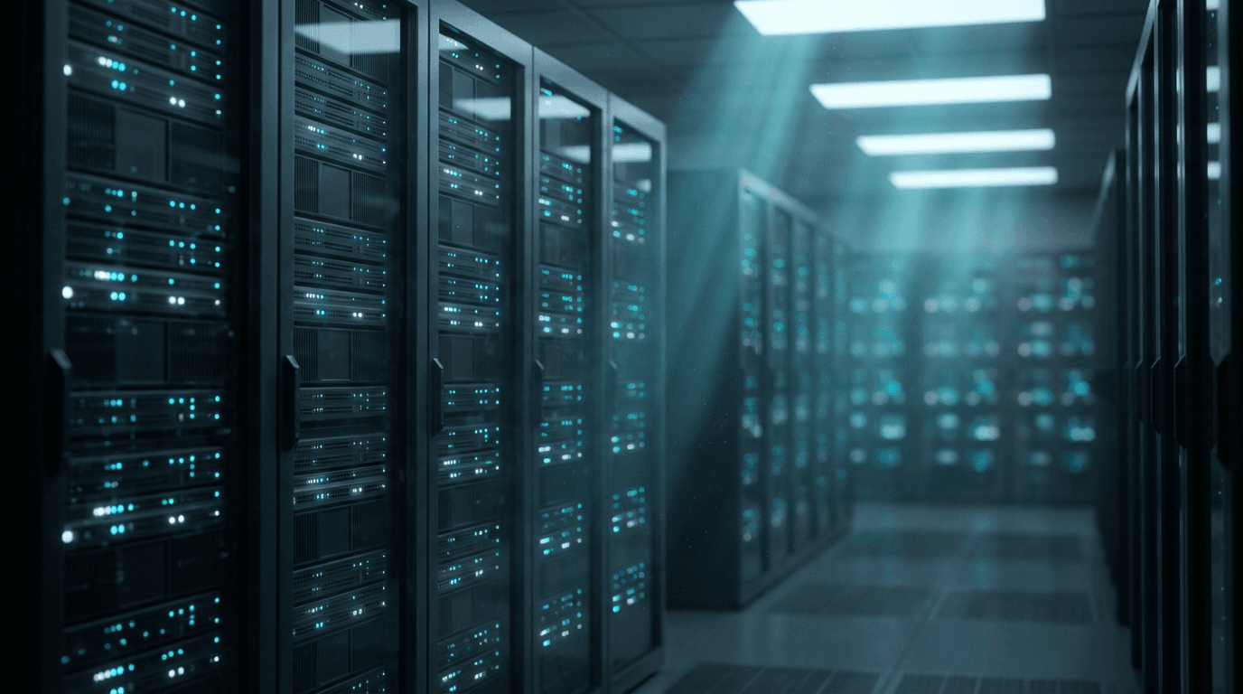 Server room corridor with blue LED lights